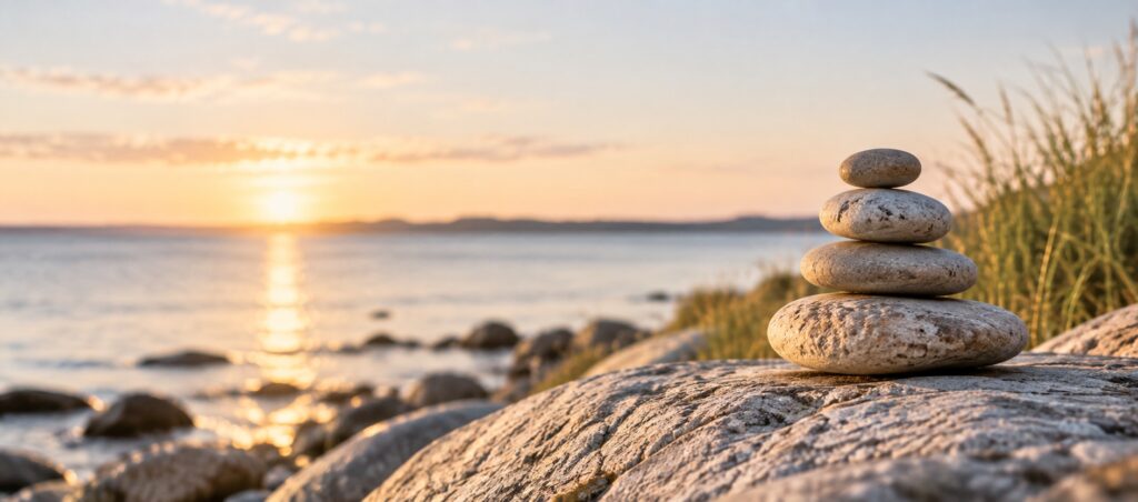 Sten i balance ved havet i varmt aftenlys